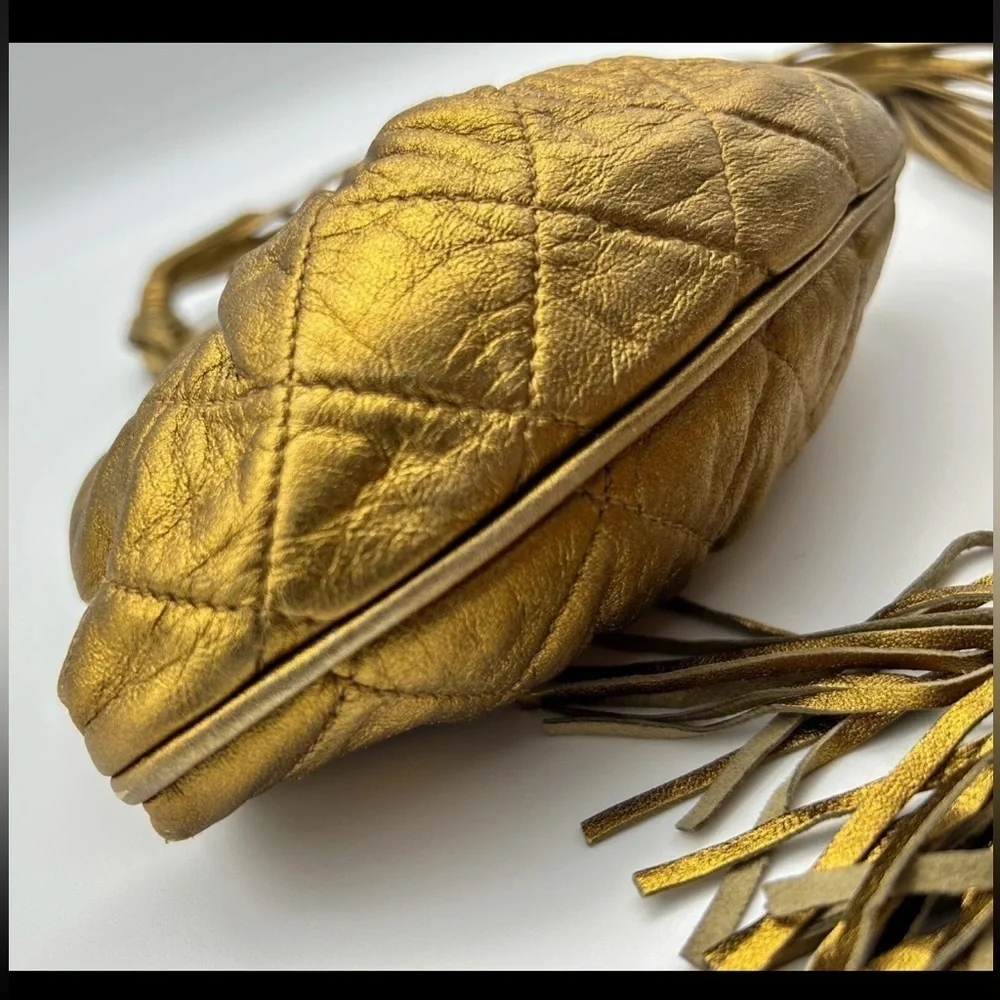 Chanel Quilted Vintage Rare Gold Bronze Waist Pouch bag Tie Fringe sling